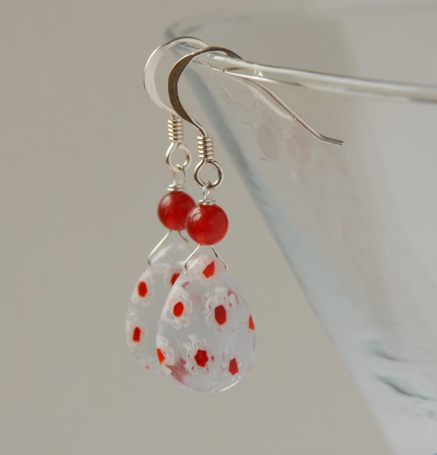Millefiore glass and quartzite earrings - clear, white and red