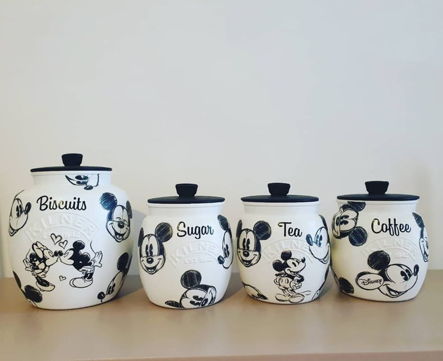 Mickey mouse hand painted and decoupaged glass jars