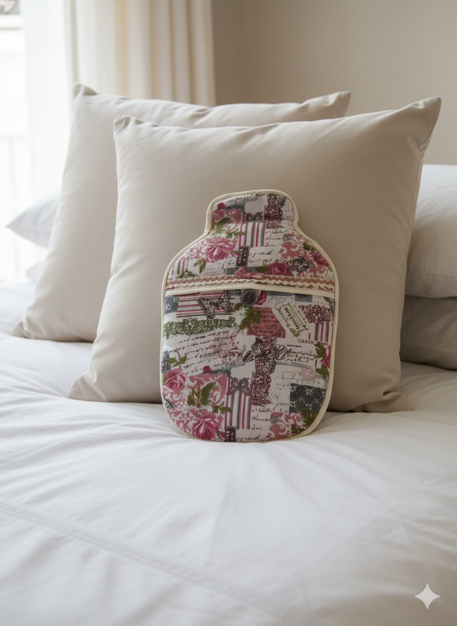 Vintage Chic Patchwork Hot Water Bottle Cover and bottle