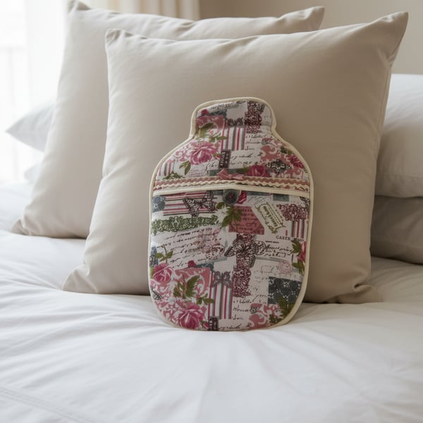Vintage Chic Patchwork Hot Water Bottle Cover and bottle