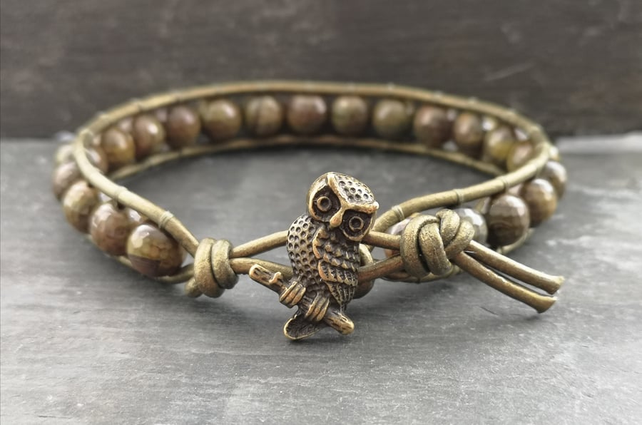 SALE Brown and antique gold agate and leather bracelet with owl button