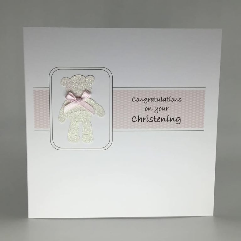 Christening card - pink glitter teddy