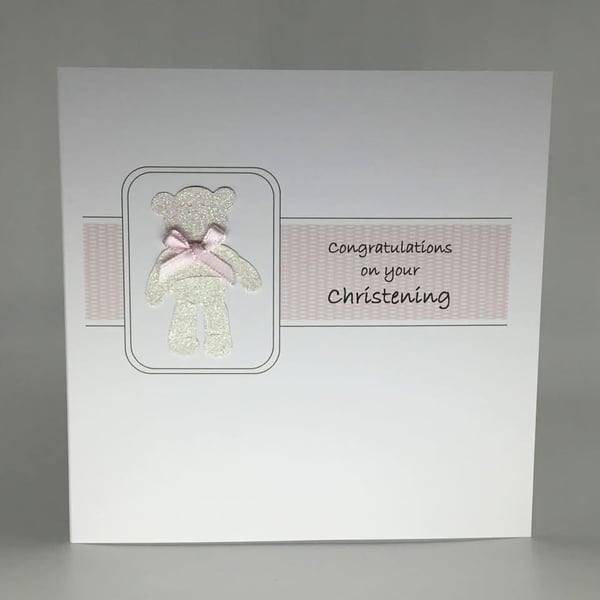 Christening card - pink glitter teddy