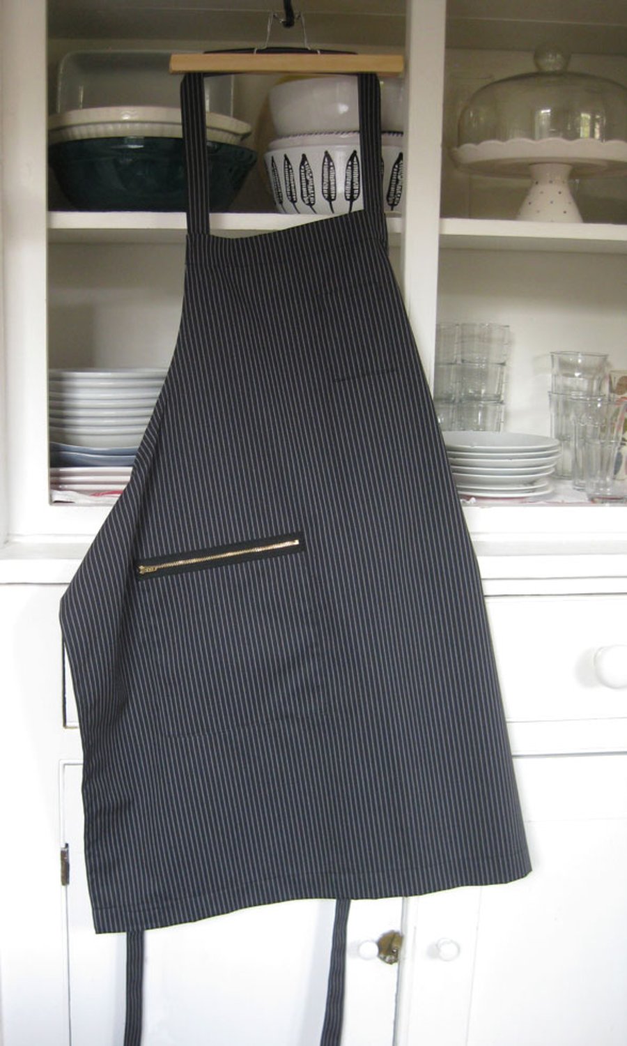 SAMPLE Pinstripe Mens Apron - barista style with secure zip pocket. No3 