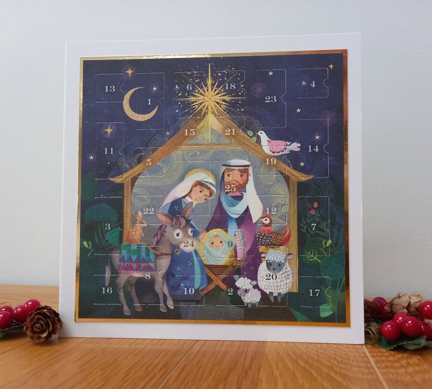 New for 2026 Advent Calendar Style Christmas Card - Moonlit Nativity
