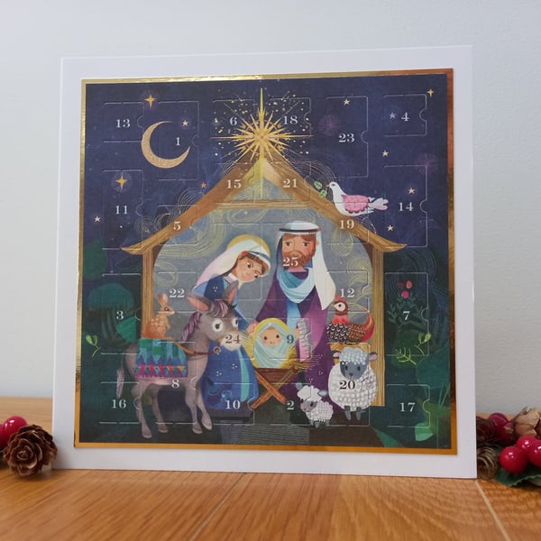New for 2026 Advent Calendar Style Christmas Card - Moonlit Nativity