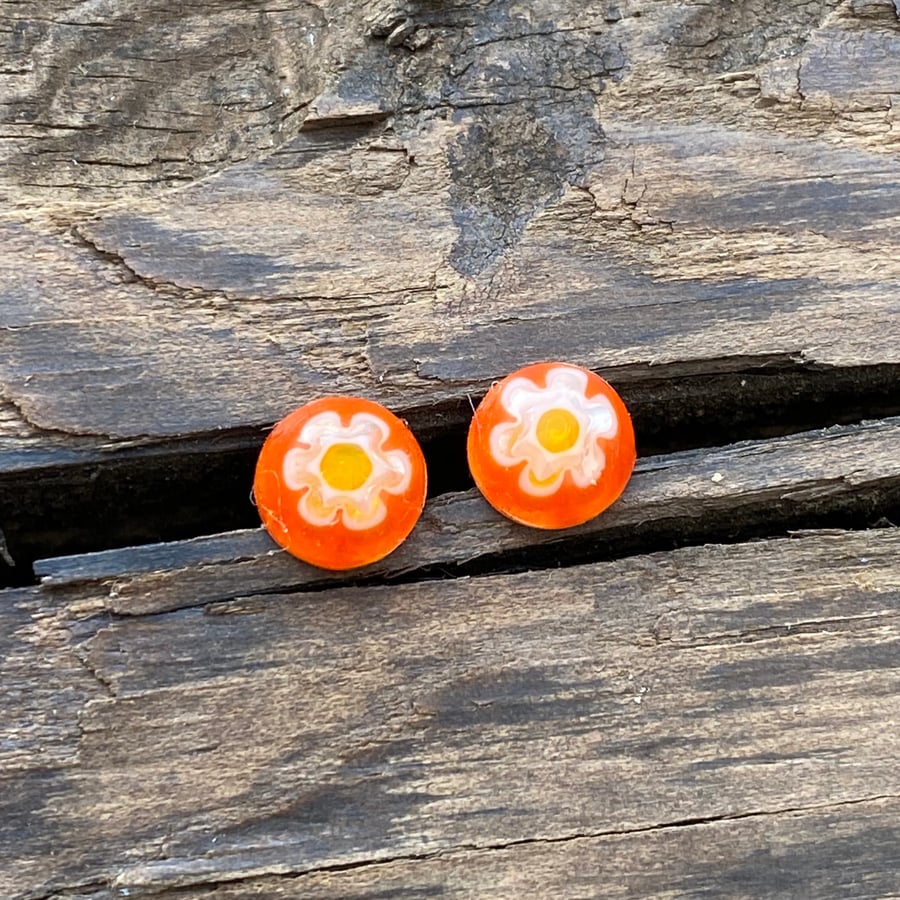 Orange Millefiori Glass Stud Earrings. Sterling Silver Studs. 