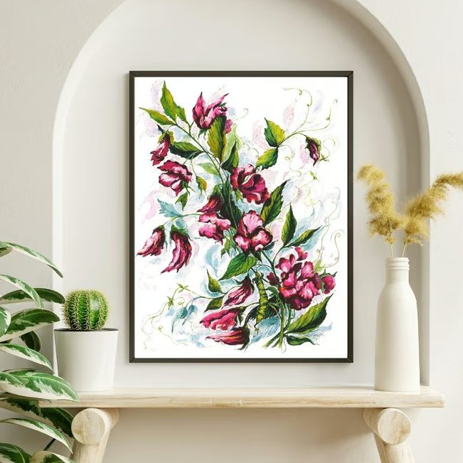 Sweet Pea Watercolour - Fine Art Print - Whimsical Deep Pink Botanical Wall Art