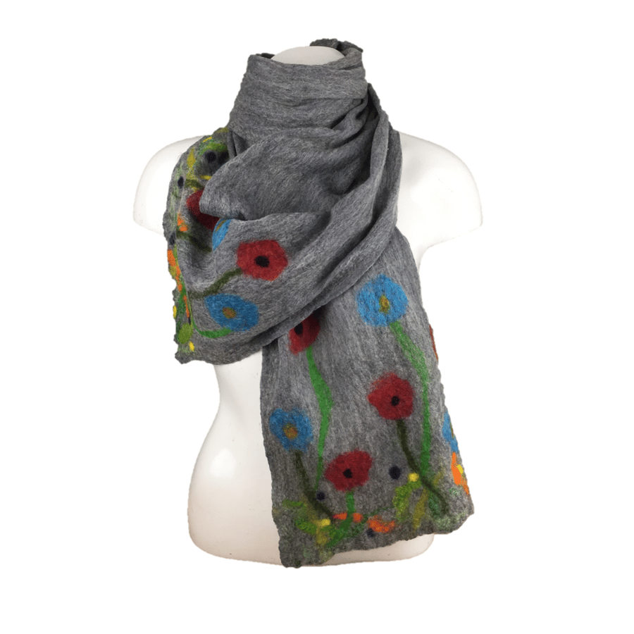 Grey nuno felted long floral scarf, merino wool on silk