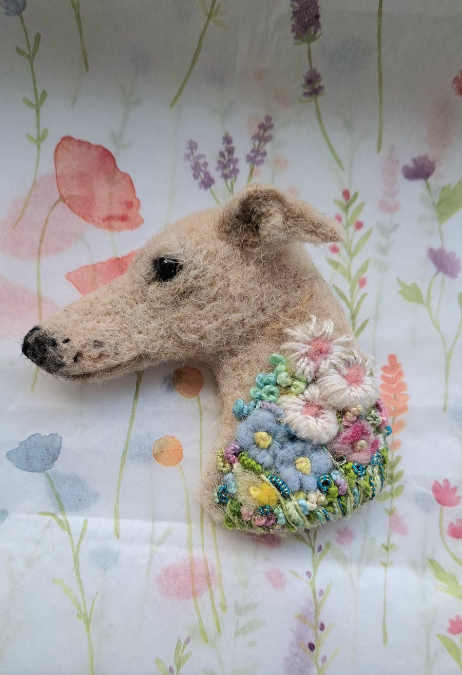 Needle Felted Greyhound Brooch