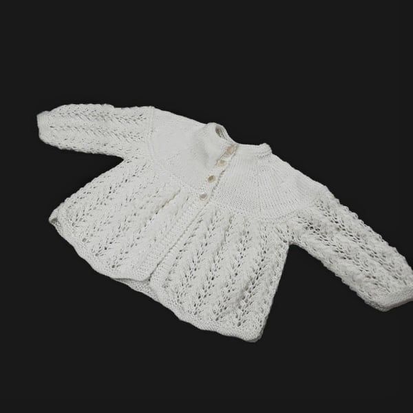 Soft cream baby cardigan with pretty lacy detail hand knitted Seconds Sunday