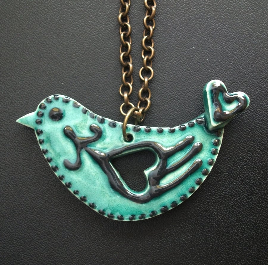 Blue ceramic folk art necklace