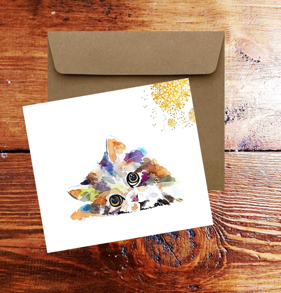 Rainbow Cat Art Square Christmas Card(s) Single Pack of 6.Cat Art cards,Cat gree
