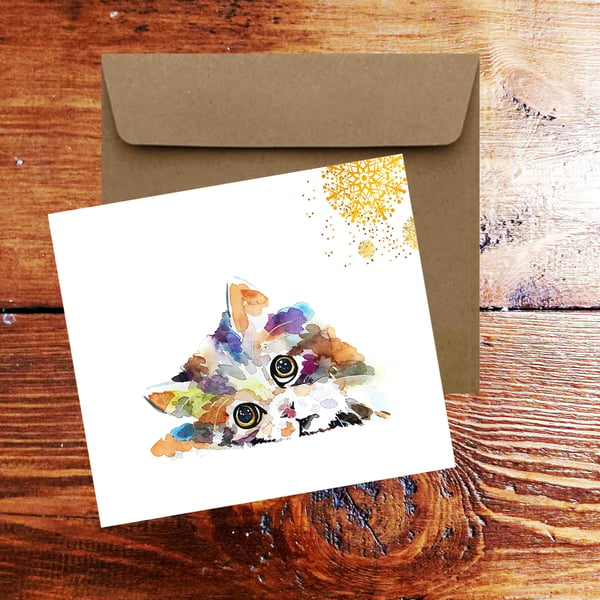 Rainbow Cat Art Square Christmas Card(s) Single Pack of 6.Cat Art cards,Cat gree