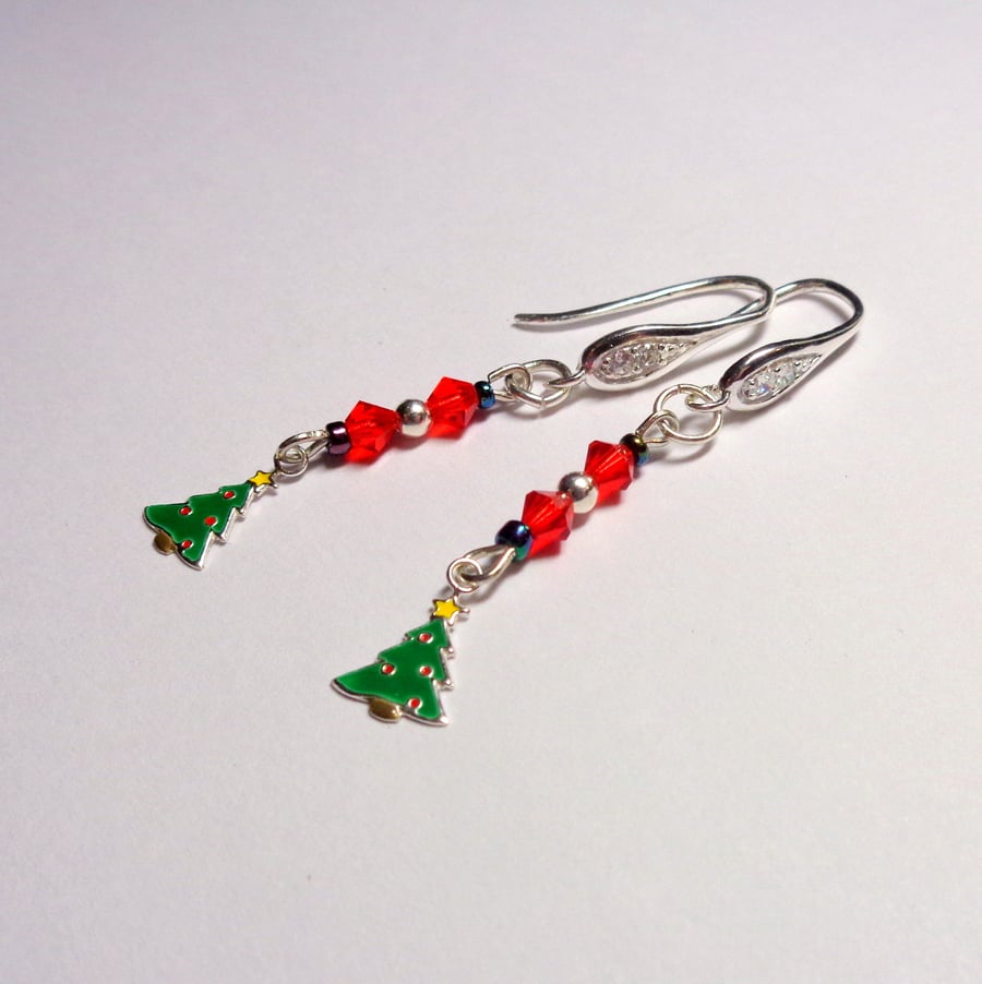 Sterling silver Christmas drop earrings with crystals & enamellled silver trees 