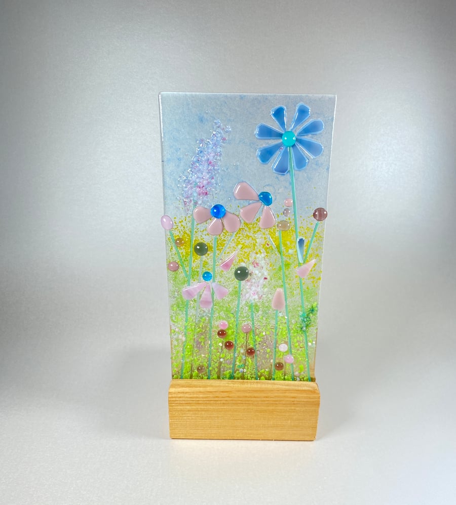Fused glass floral meadow panel in oak - fused glass art