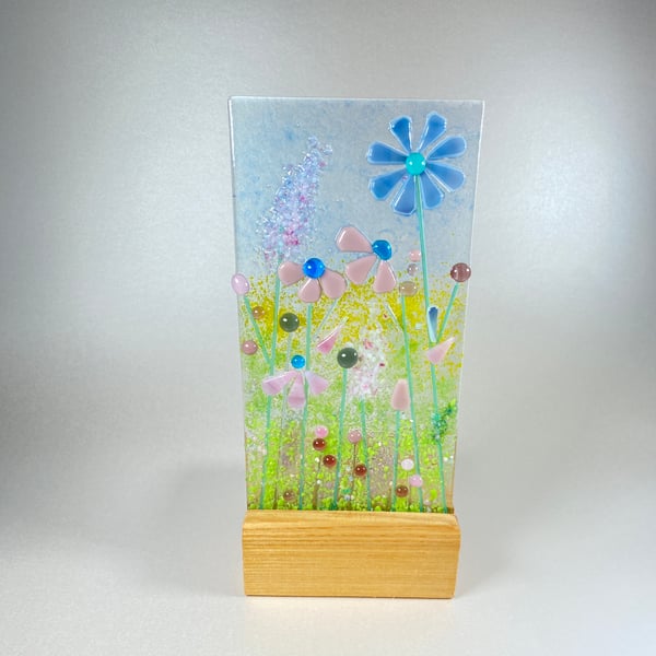 Fused glass floral meadow panel in oak - fused glass art