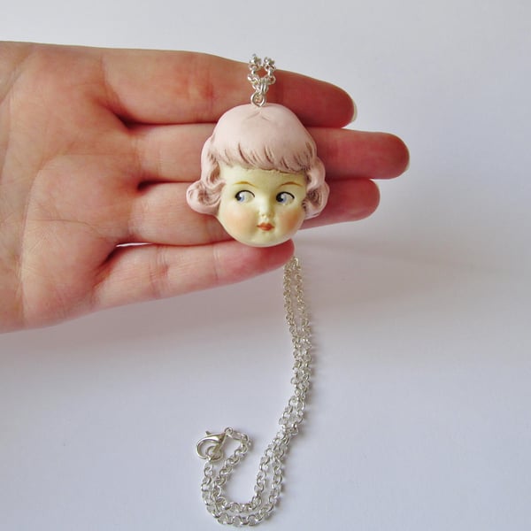 Vintage Doll Face  Pendant - Pink Haired Rose 