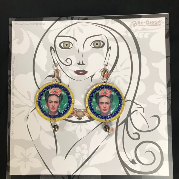 Frida Kahlo hand made Eco Earrings recycle bottle top repurposed jewellery