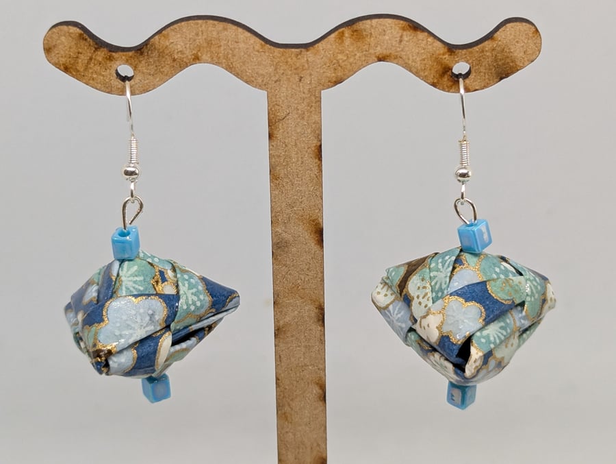 Japanese paper earrings: plum blossoms on turquoise Japanese paper