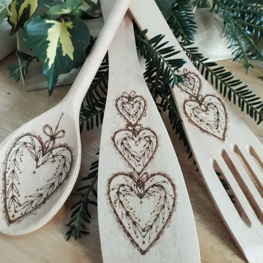 Three pyrography folky love heart wooden kitchen utensils