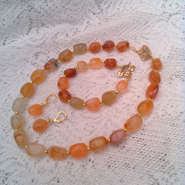Carnelian Chunky Nugget Beads and Gold Plated Spacers 3 Piece Jewellery Set