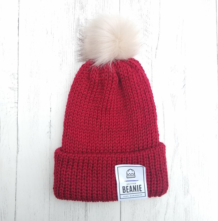 Red Beanie, Winter hat, Bobble hat