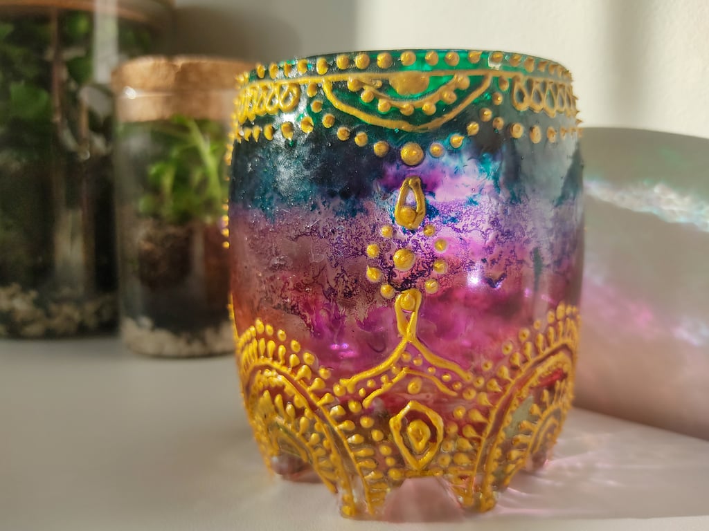 Glass painted ombre candleholder with Hindi golden design, tea light holder