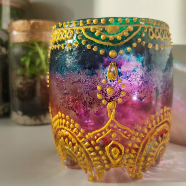 Glass painted ombre candleholder with Hindi golden design, tea light holder