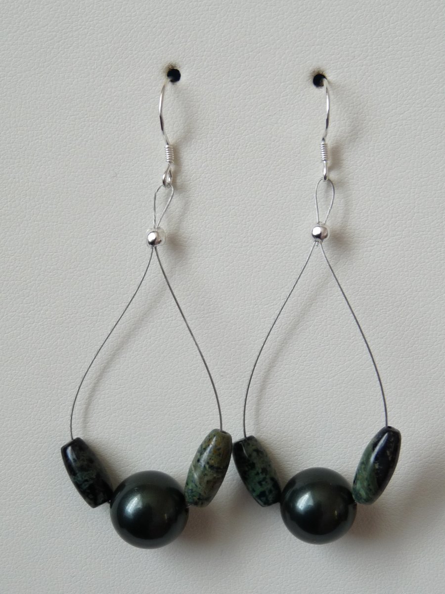 Deep Forest Green Shell Pearl & Jasper Earrings - Handmade - Sterling Silver 
