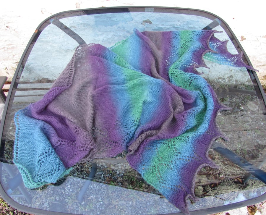Hand knitted purple and green gradient shawl 66" x 33"