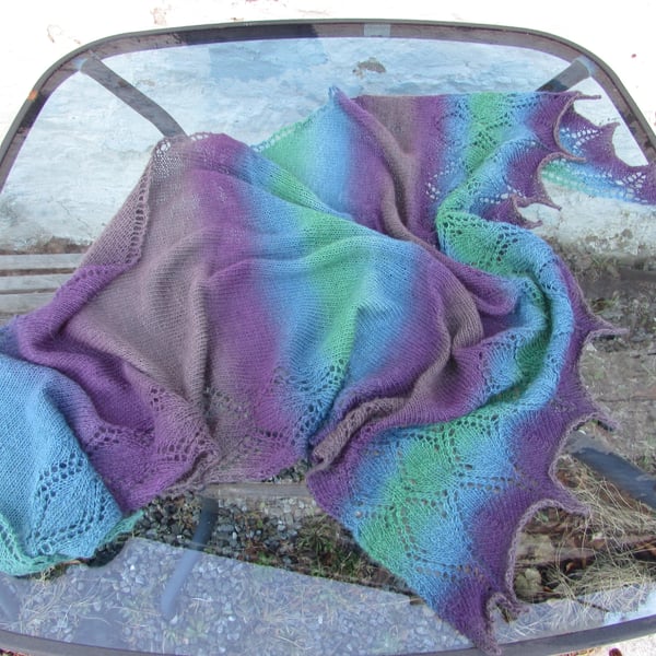 Hand knitted purple and green gradient shawl 66" x 33"