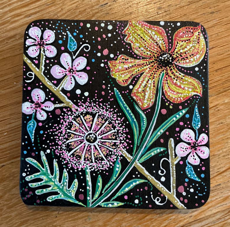 Coaster mug rug maximalist boho floral design handpainted 1 of a kind 