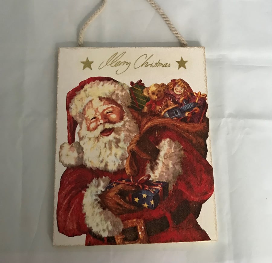 Smiling Santa Merry Christmas Wooden Plaque Decoration