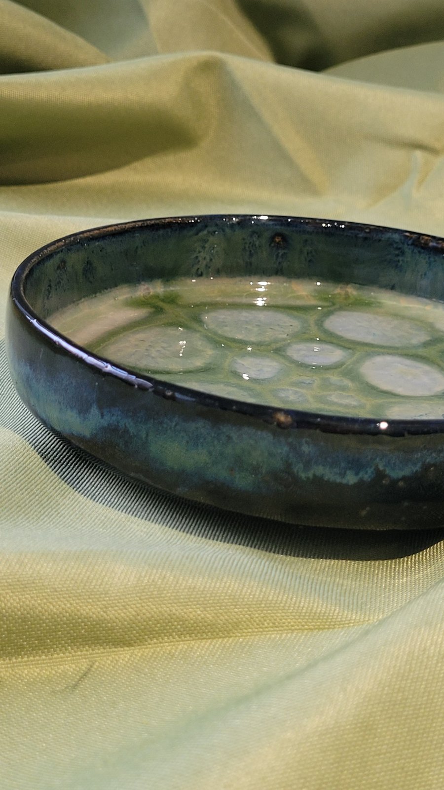 Small patterned blue green ceramic plate handmade pottery