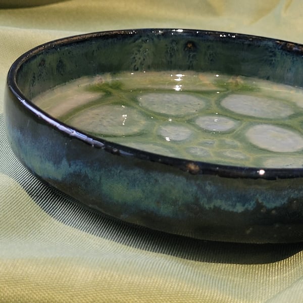 Small patterned blue green ceramic plate handmade pottery