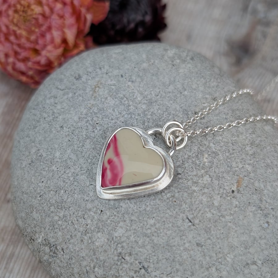 Sterling Silver Cream and Pink Surfite Heart Necklace - JBJ7021