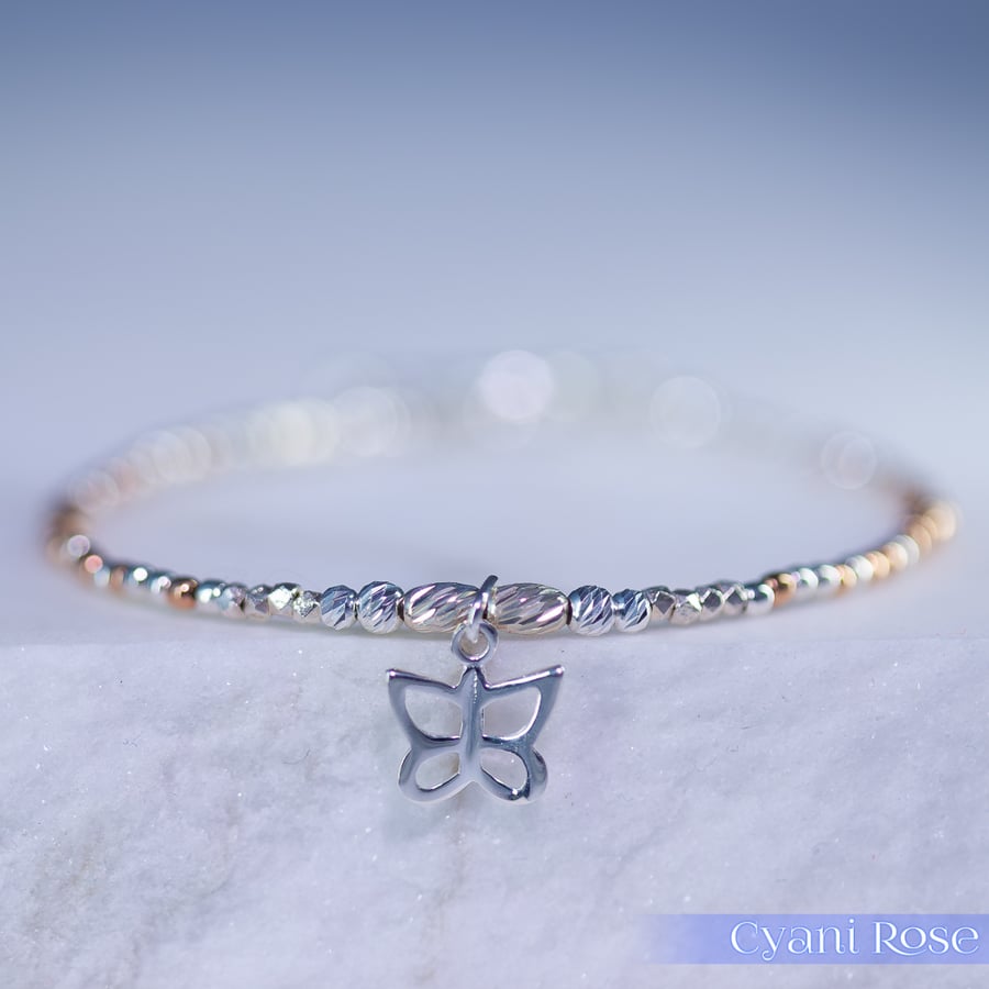 Butterfly sterling silver and rose gold unique bracelet 