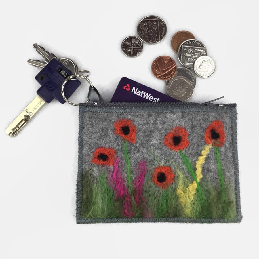 Grey felt coin pure with integral keyring, poppy design