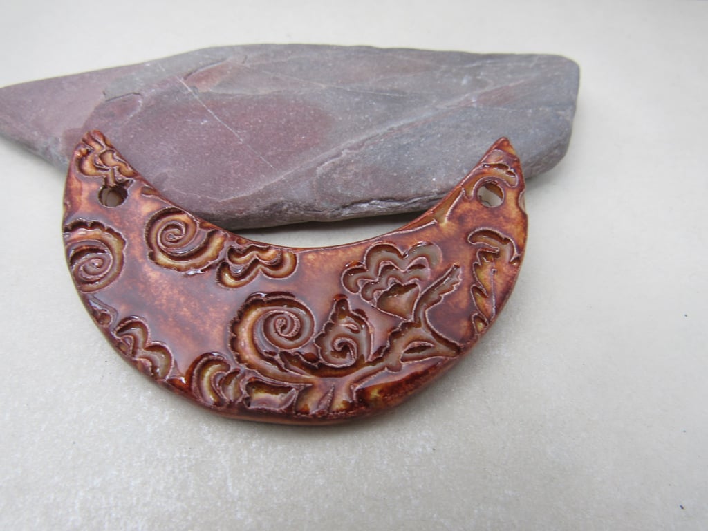 Bright Copper Brocade Ceramic Crescent Bib Pendant