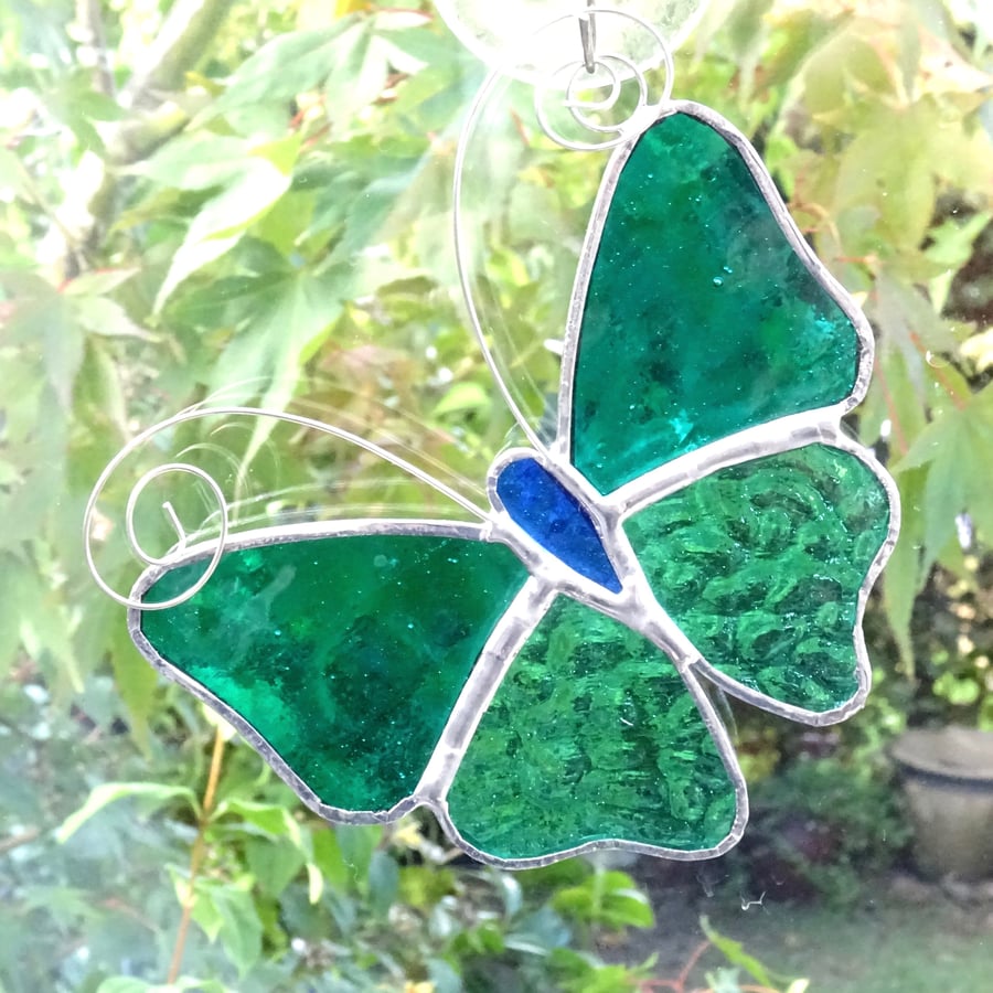 Stained Glass Butterfly Suncatcher - Handmade Decoration - Sea Green   