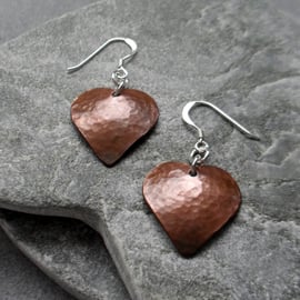 Oxidised Domed Copper Heart Earrings With Sterling Silver Ear Wires 