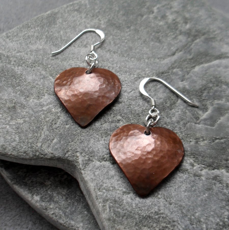  Oxidised Domed Copper Heart Earrings With Sterling Silver Ear Wires 