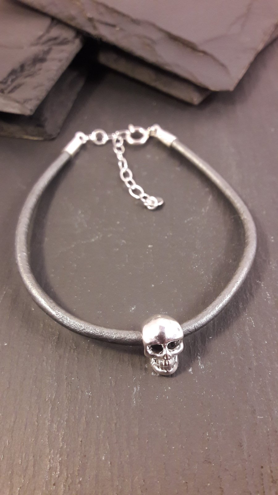 Sterling Silver Skull on Silver Leather Bracelet