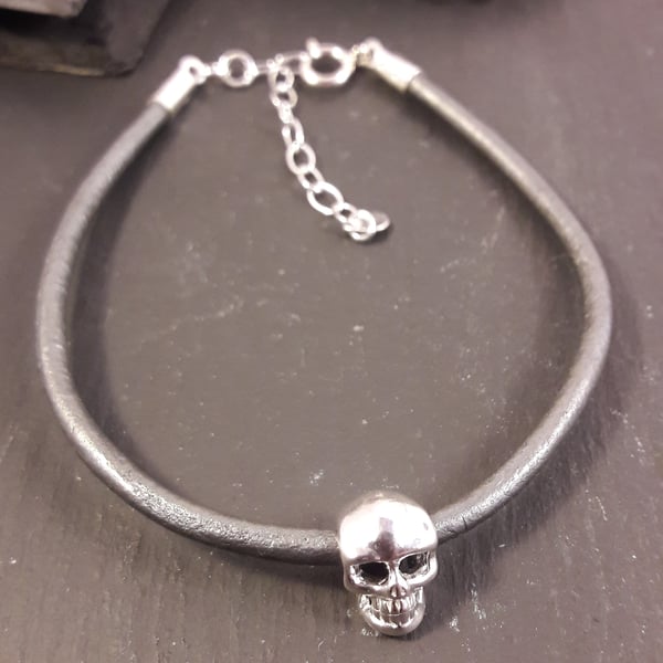 Sterling Silver Skull on Silver Leather Bracelet