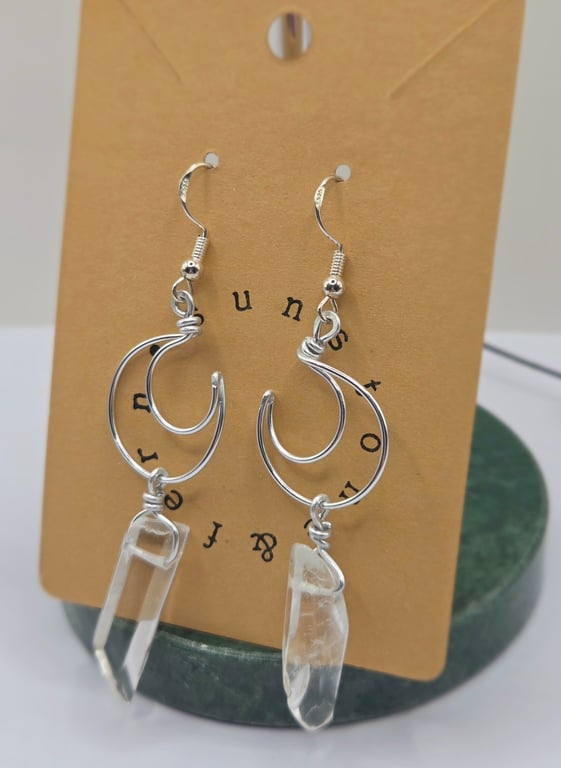 Handmade Crescent Moon Wire Earrings with Polished Clear Quartz Crystal Points