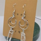 Handmade Crescent Moon Wire Earrings with Polished Clear Quartz Crystal Points
