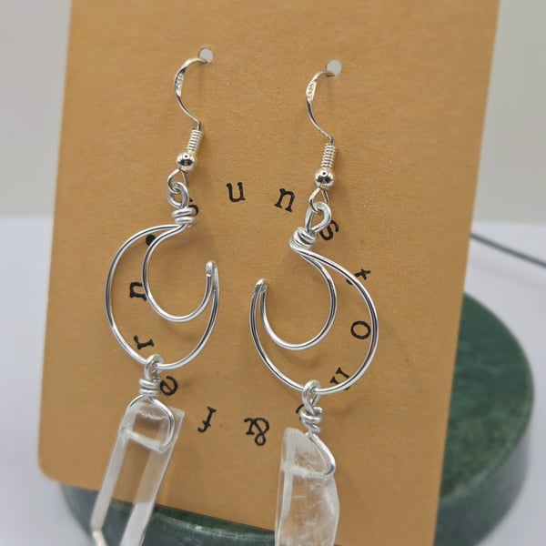 Handmade Crescent Moon Wire Earrings with Polished Clear Quartz Crystal Points