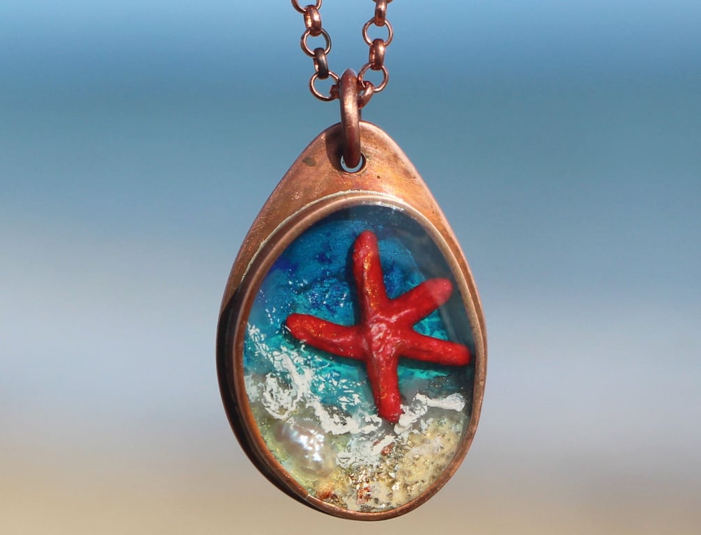 Handcrafted Copper Starfish Necklace Pendant Polymer Clay Resin