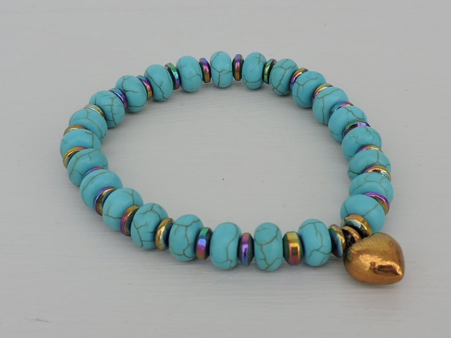  Stretch Bracelet Turquoise and Rainbow Haematite